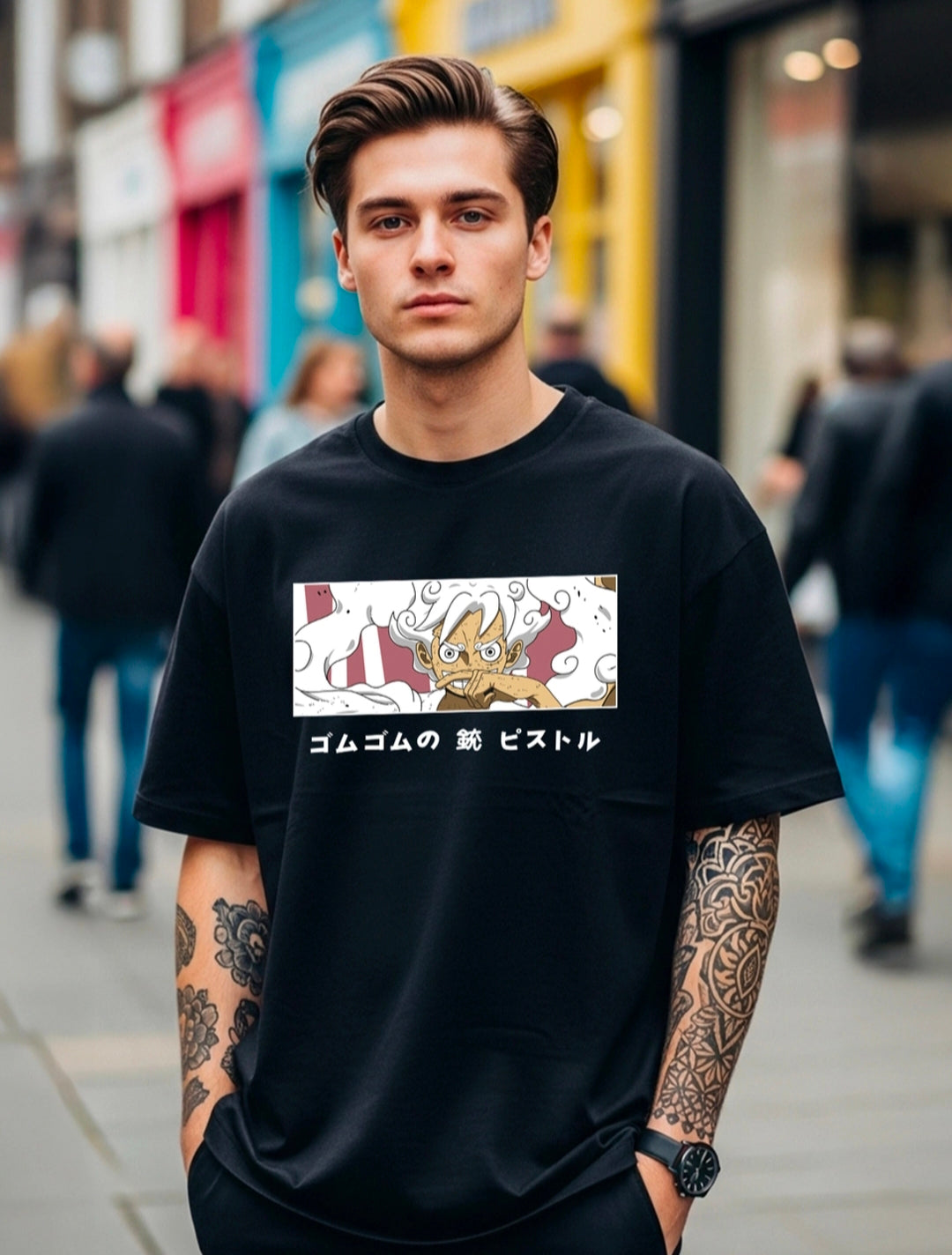 Men's Black Cotton Blend Luffy Gear 5 One Piece
Graphic Print Round Neck T-shirt
